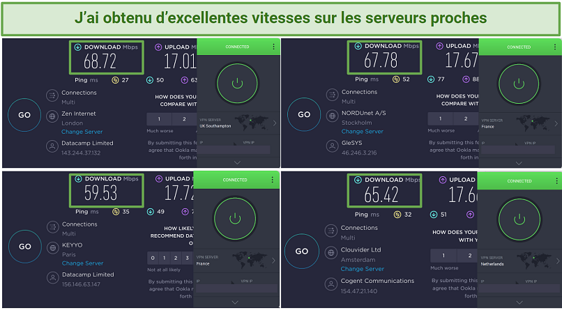 Screenshot of PIA's speeds on close servers