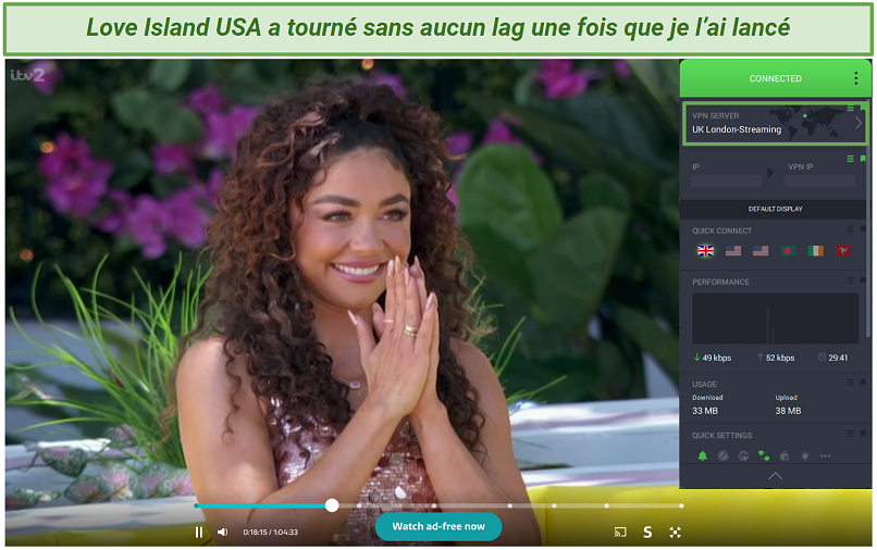 Screenshot of PIA unblocking Love Island USA on streaming-optimized server