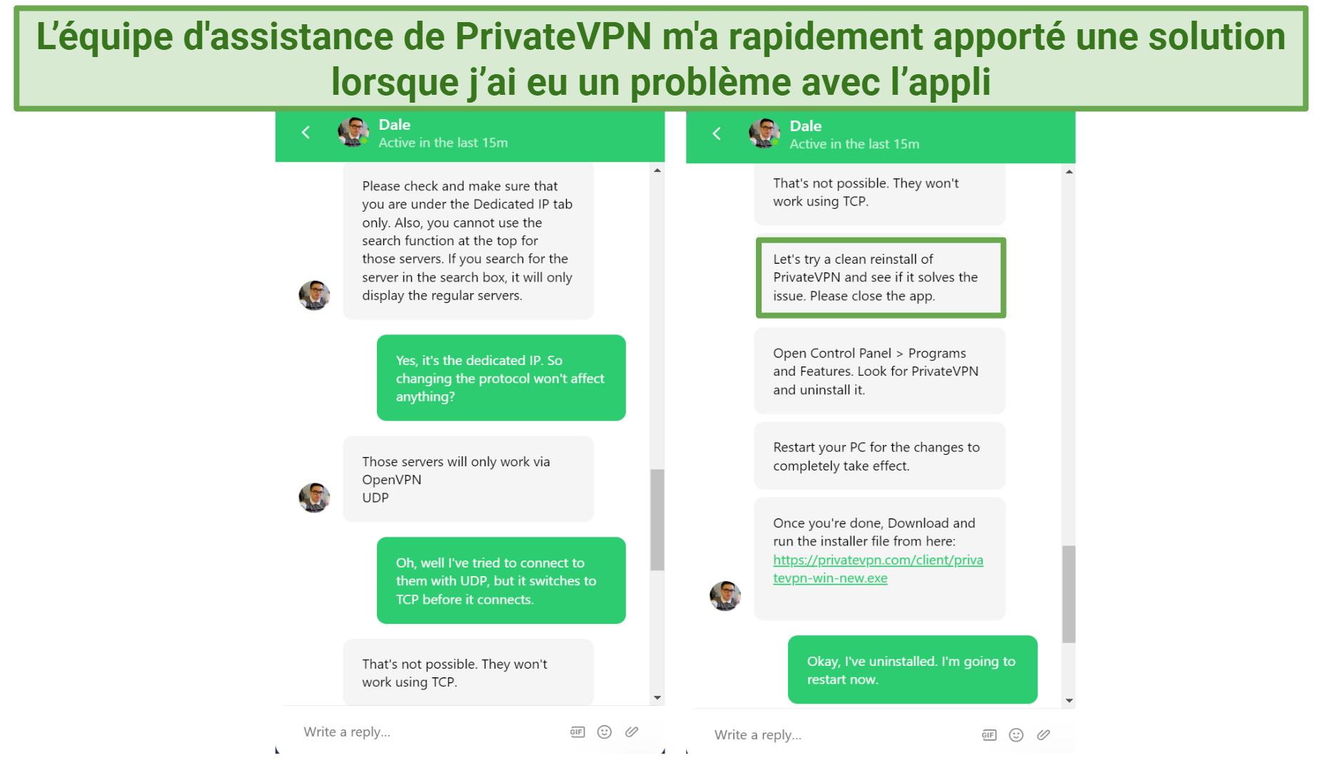 Screenshot of PrivateVPN live chat where the live agent told me to reinstall the app to fix dedicated IPs