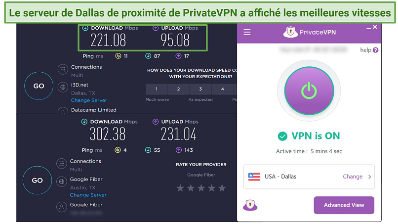 Screenshot of Ookla speed test results with PrivateVPN connected and disconnected