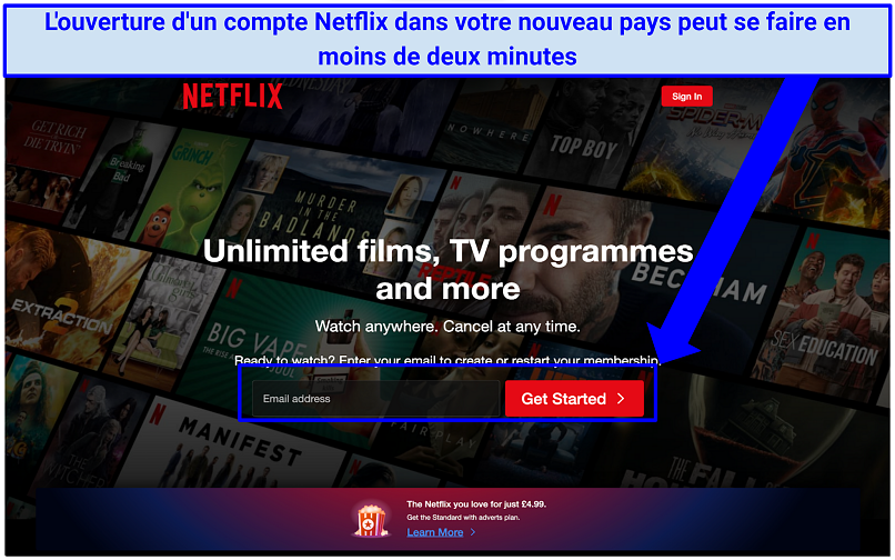 Capture d'écran montrant comment s'abonner à Netflix en ligne
