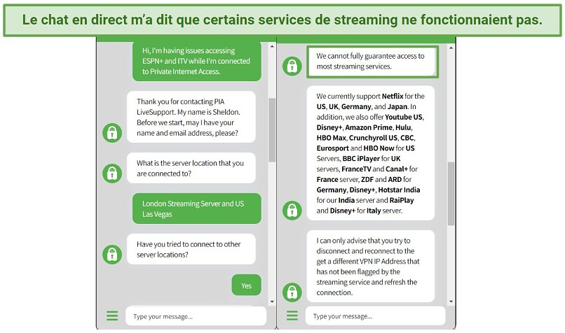 Screenshot of live chat with Private Internet Access where they tell me which streaming platforms work