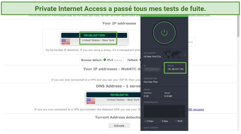 Screenshot of leak tests done on IPleak.net while connected to Private Internet Access