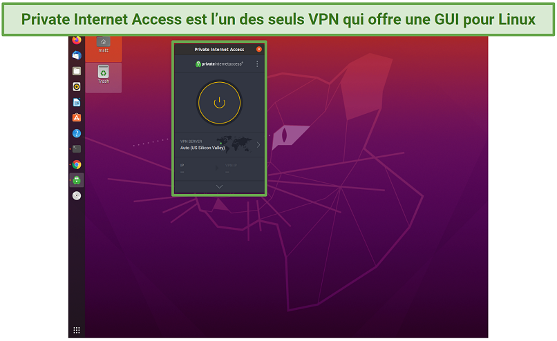 Screenshot of Private Internet Access app's GUI on Linux