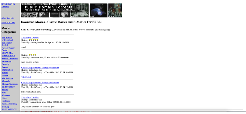 Screenshot showing torrent site Public Domain Torrents Homepage