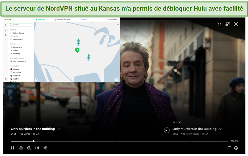 Screenshot of Hulu player streaming Only Murders in the Building while connected to NordVPN 