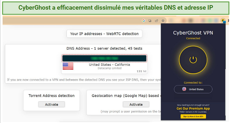 Screenshot of a DNS/IP leak test while connected to CyberGhost free proxy extension