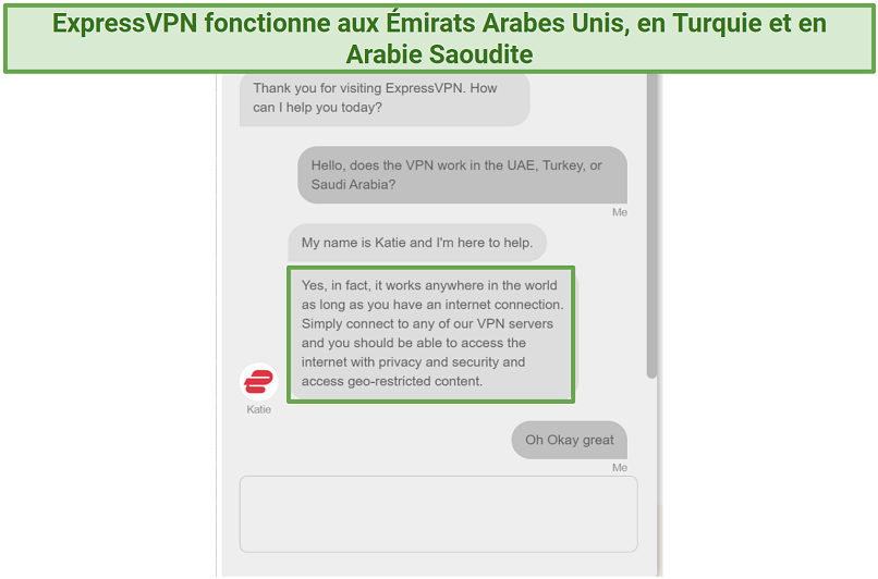 Screenshot of chat with ExpressVPN support staff confirming it works worldwide