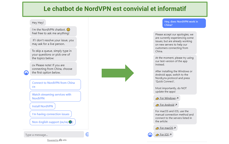A screenshot of NordVPN's helpful chatbot interface