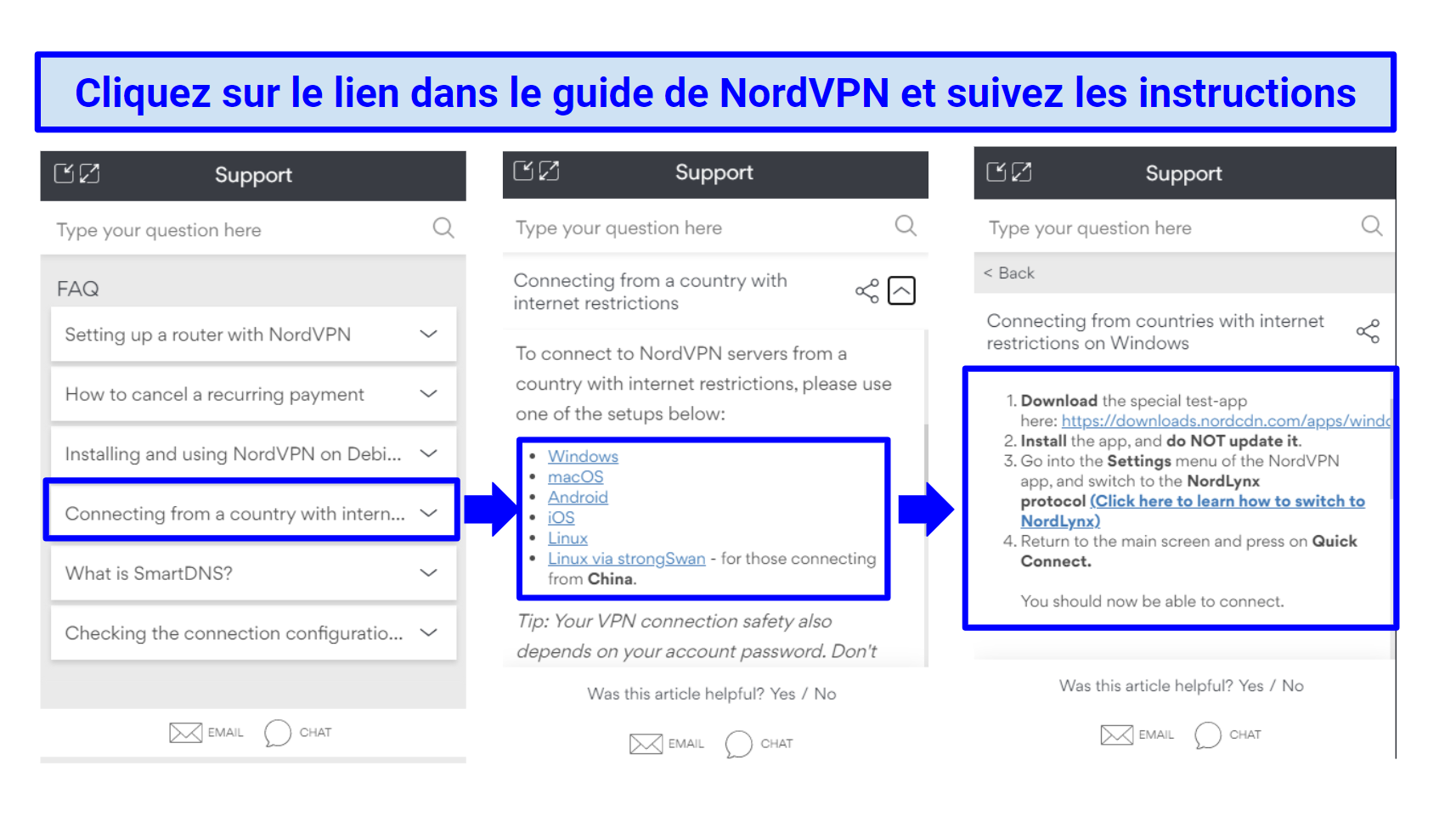 A screenshot of NordVPN's help chat which explains how to use NordVPN in China