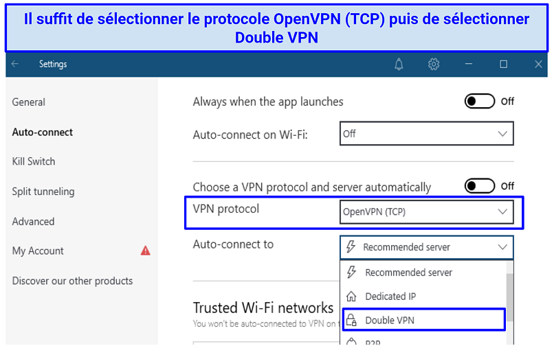 A screenshot of NordVPN's double VPN settings