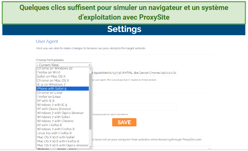 Screenshot of ProxySite settings with custom presets for browsers and operating systems