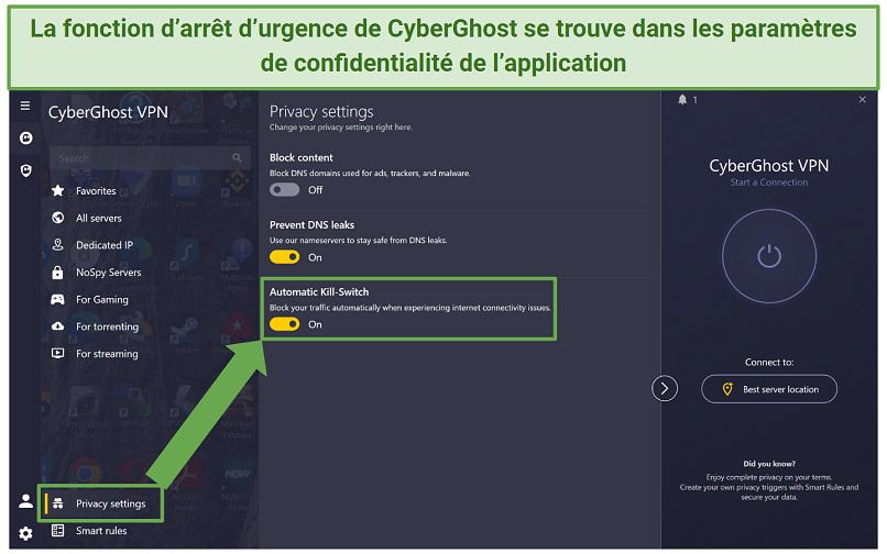 Screenshot of CyberGhost's kill switch in the Windows app