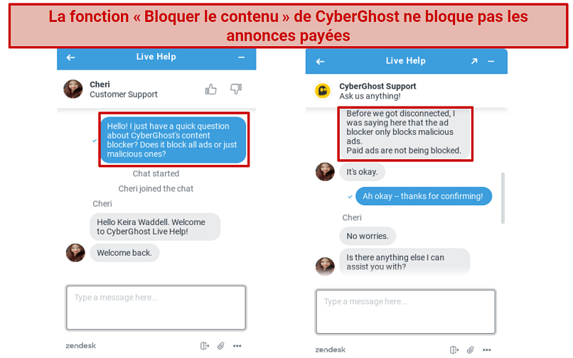 Screenshot of conversation with CyberGhost's customer rep explaining that Content Blocker only blocks malicious ads