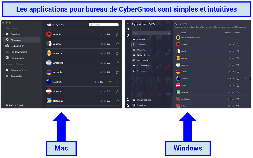 screenshots of the Windows and macOS CyberGhost apps