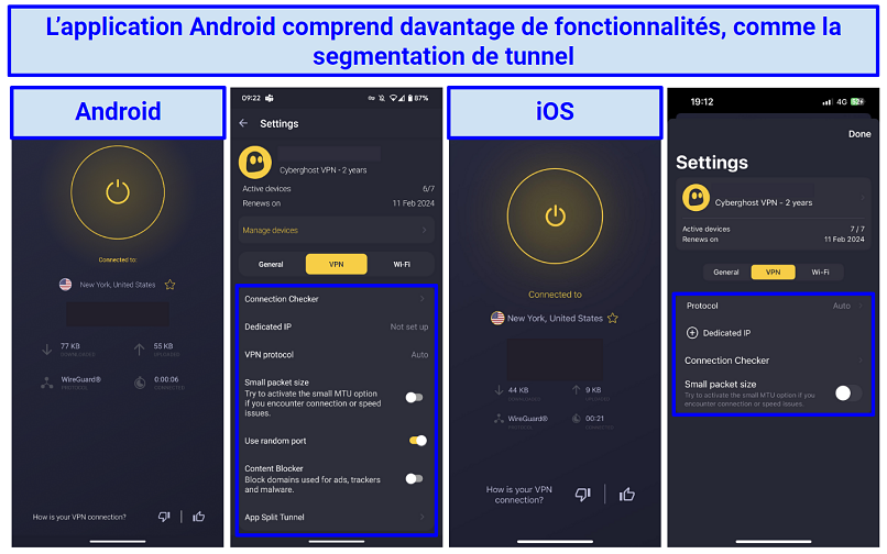 Screenshots showing CyberGhost's Android and iOS app