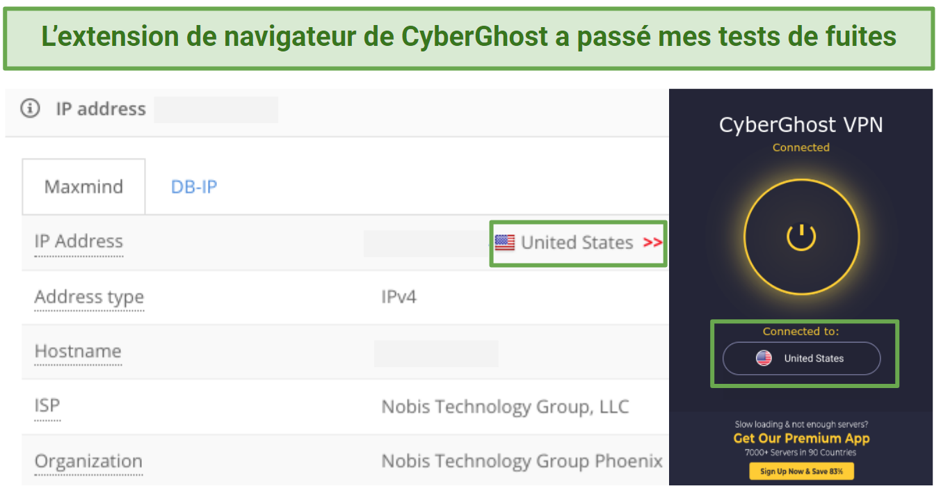 screenshot of CyberGhost's browser extension passing IP leak tests