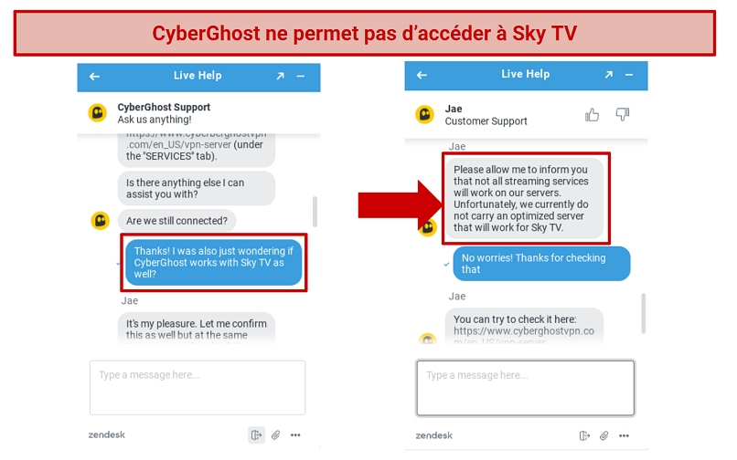 CyberGhost's live chat agent informing me that it is not working with Sky TV