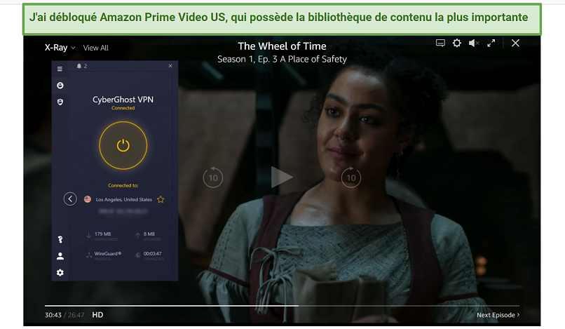 Screenshot of Amazon Prime Video player streaming Wheel of Time while connected to CyberGhost