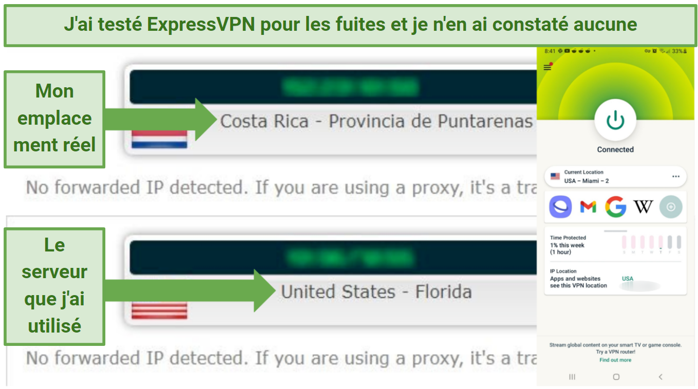 Leak test results showing that ExpressVPN effectively masked my IP address