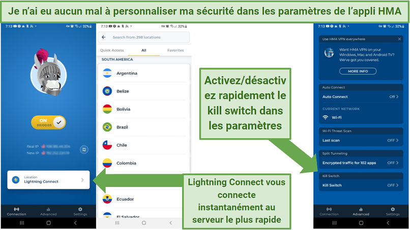 The HMA Android app with indication of where to enable the kill switch and Lightning Connect