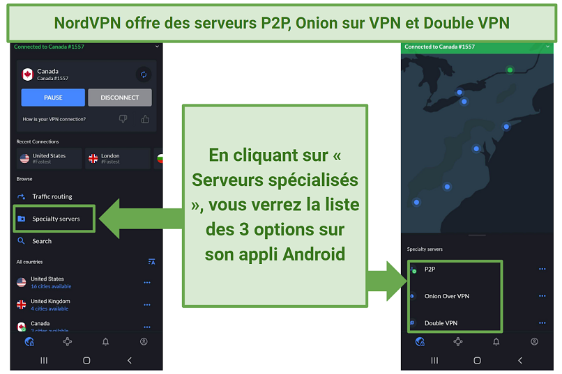 A screenshot of NordVPN's Android app showing the 3 different specialty server options