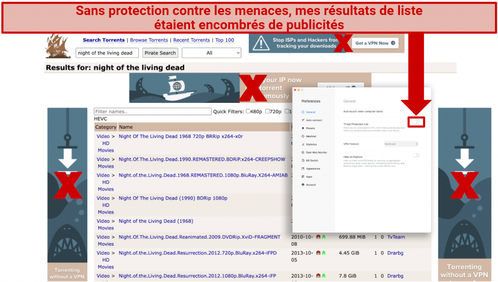Screenshot showing an ad-filled listings page on Pirate Bay with Threat Protection Lite disabled