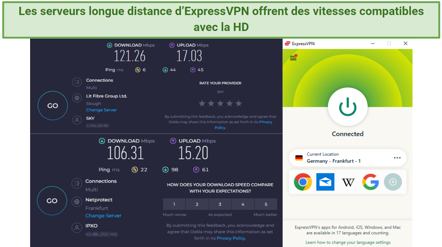 Screenshot showing the ExpressVPN app connected to a server in Germany over a browser showing an Ookla speed test