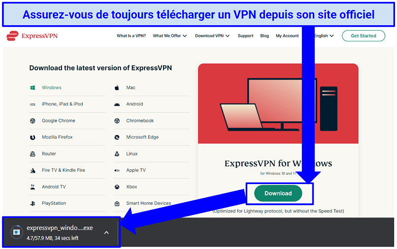 A screenshot showing how to download ExpressVPN