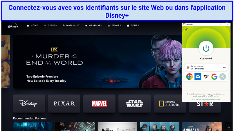 A screenshot of the Disney+ homepage with ExpressVPN connected