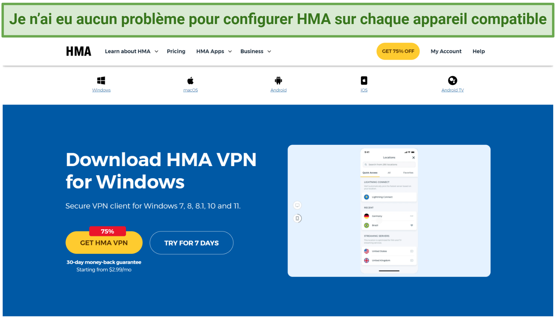 Capture d’écran de la page de téléchargement de HMA depuis le site web de HMA