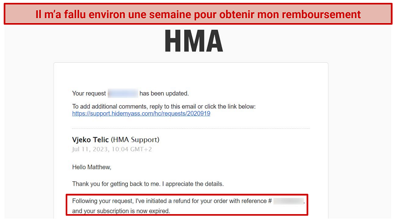 Capture d’écran d’une réponse par e-mail du support HMA demandant pourquoi je veux un remboursement