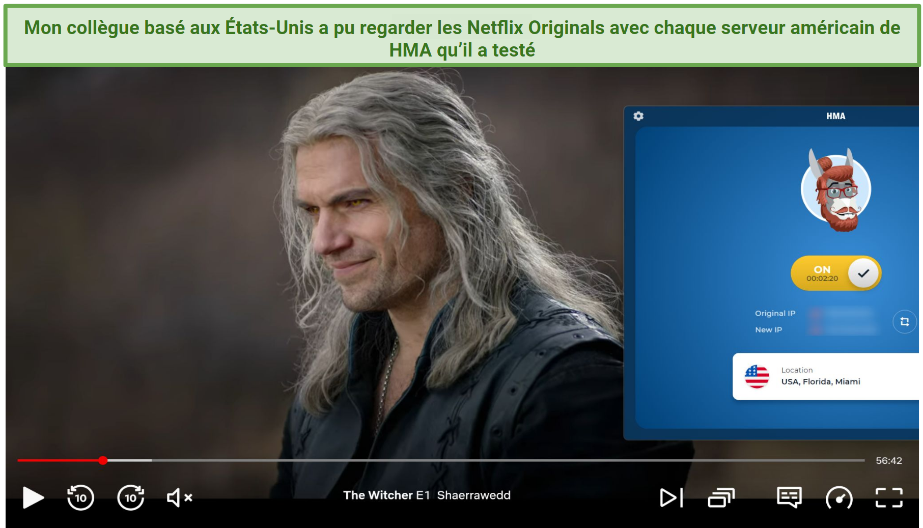 Capture d’écran du lecteur Netflix diffusant The Witcher tout en étant connecté au serveur de Miami de HMA