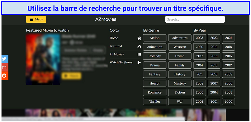 A screenshot of AZMovies's interface showing its clutter-free division by genre and by year