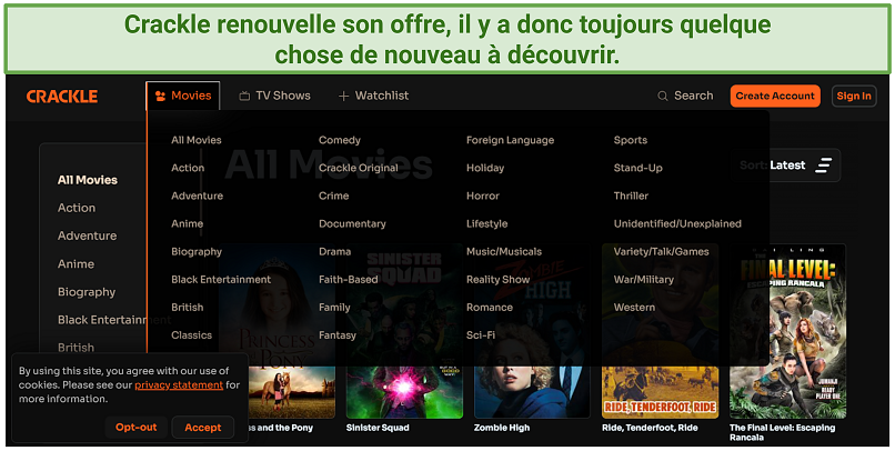 Screenshot of Crackle's interface showing all the content categories.