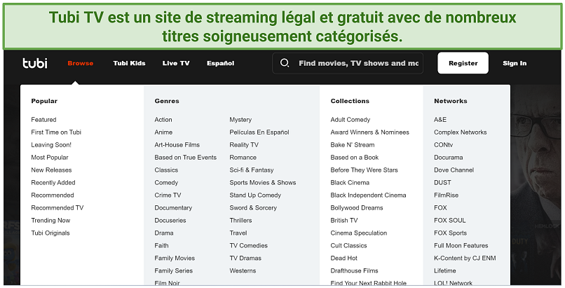 A screenshot of Tubi TV's homepage showing the content genres and collections you can browse through on its Browse tab