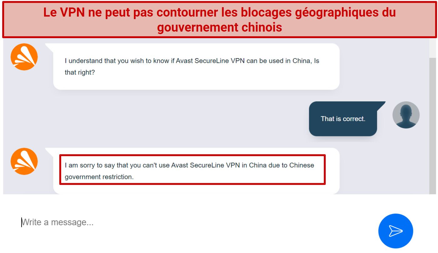 Screenshot of live chat conversation with Avast Secureline where I was told the VPN doesn't work in China