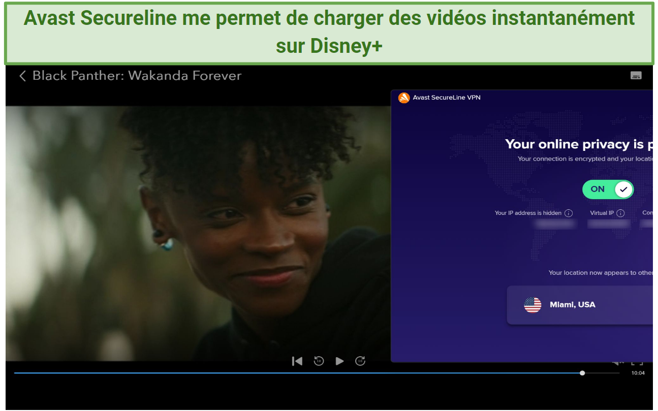 Screenshot of Disney+ player streaming Wakanda Forever while connected to Avast Secureline VPN