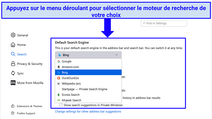 A screenshot showing it's easy to change default search engine in Firefox