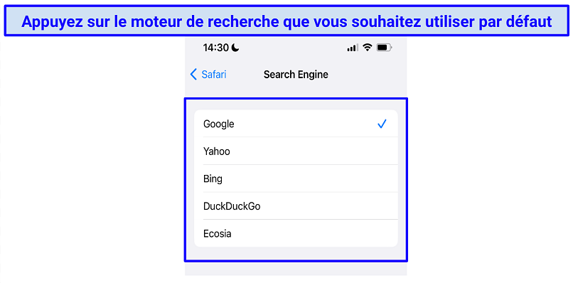 A screenshot showing default search engines on your iOS device