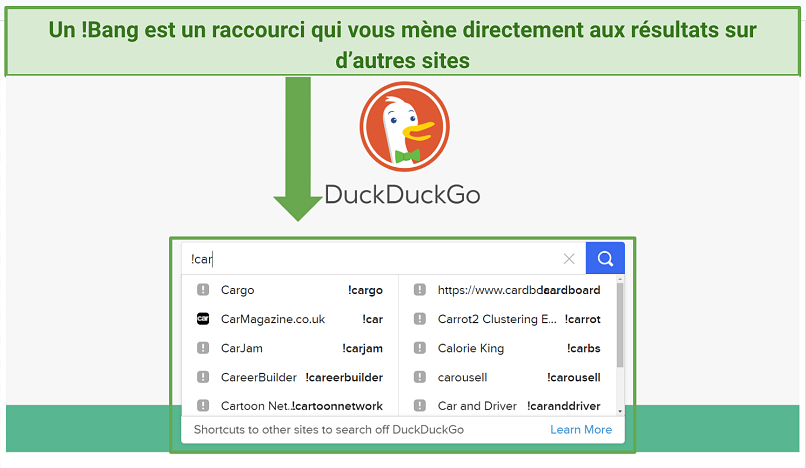 A screenshot showing DuckDuckGo's !Bang feature in use