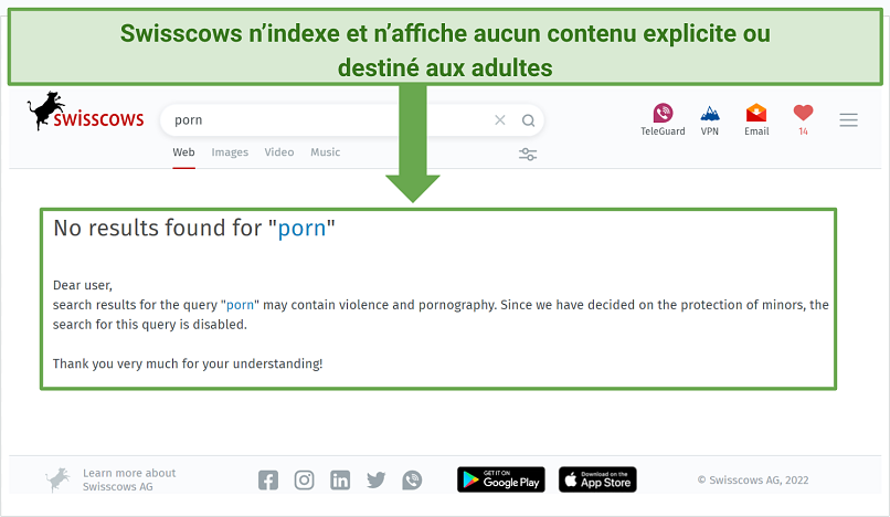 A screenshot showing Swisscows doesn't index or displays explicit content