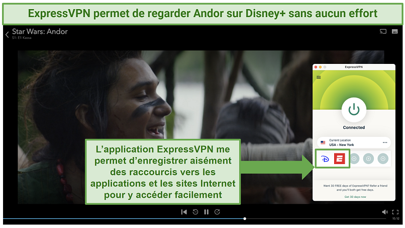 Screenshot showing an ExpressVPN app connected to a New York server over a browser streaming on Disney+