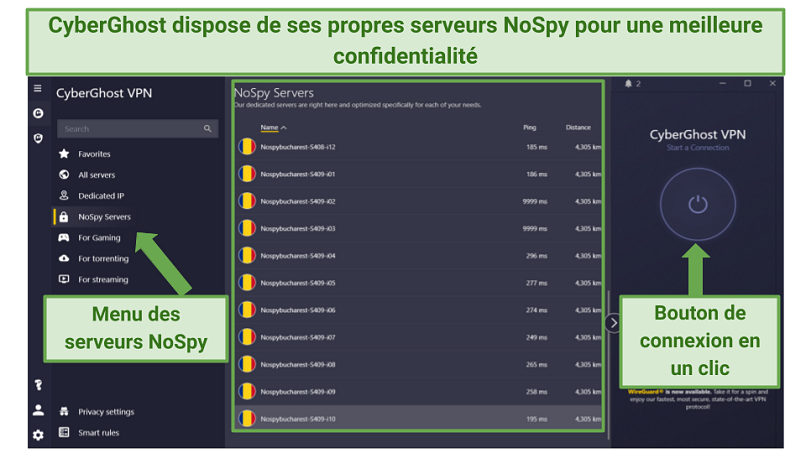 Graphic showing the NoSpy servers menu and 1-click connect button of CyberGhost.