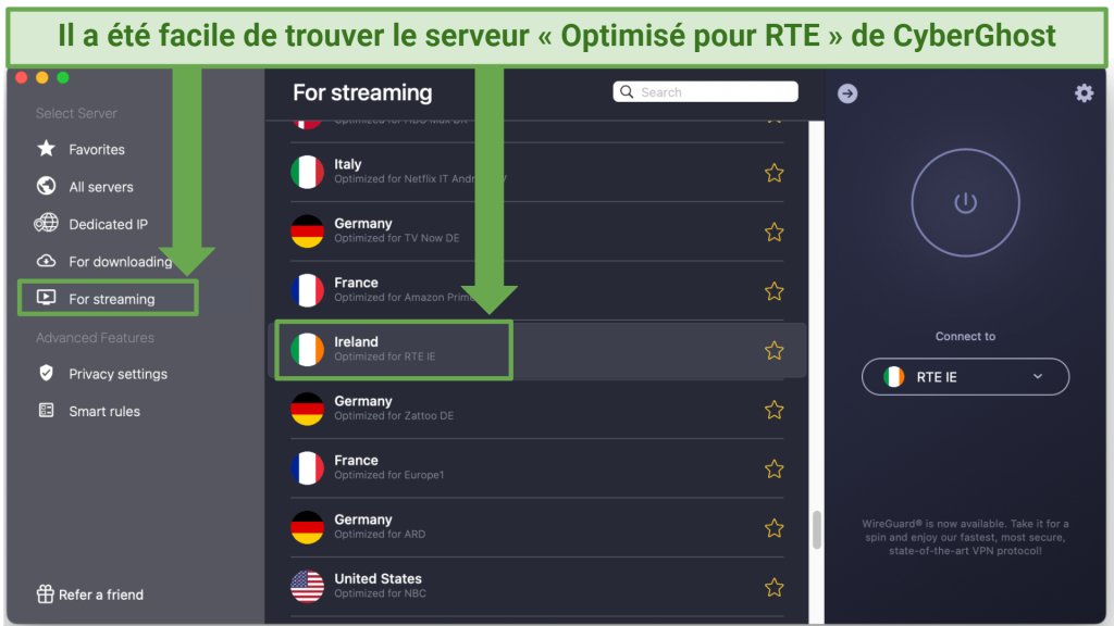 Screenshot showing how to access the RTE optimized server on the CyberGhost app
