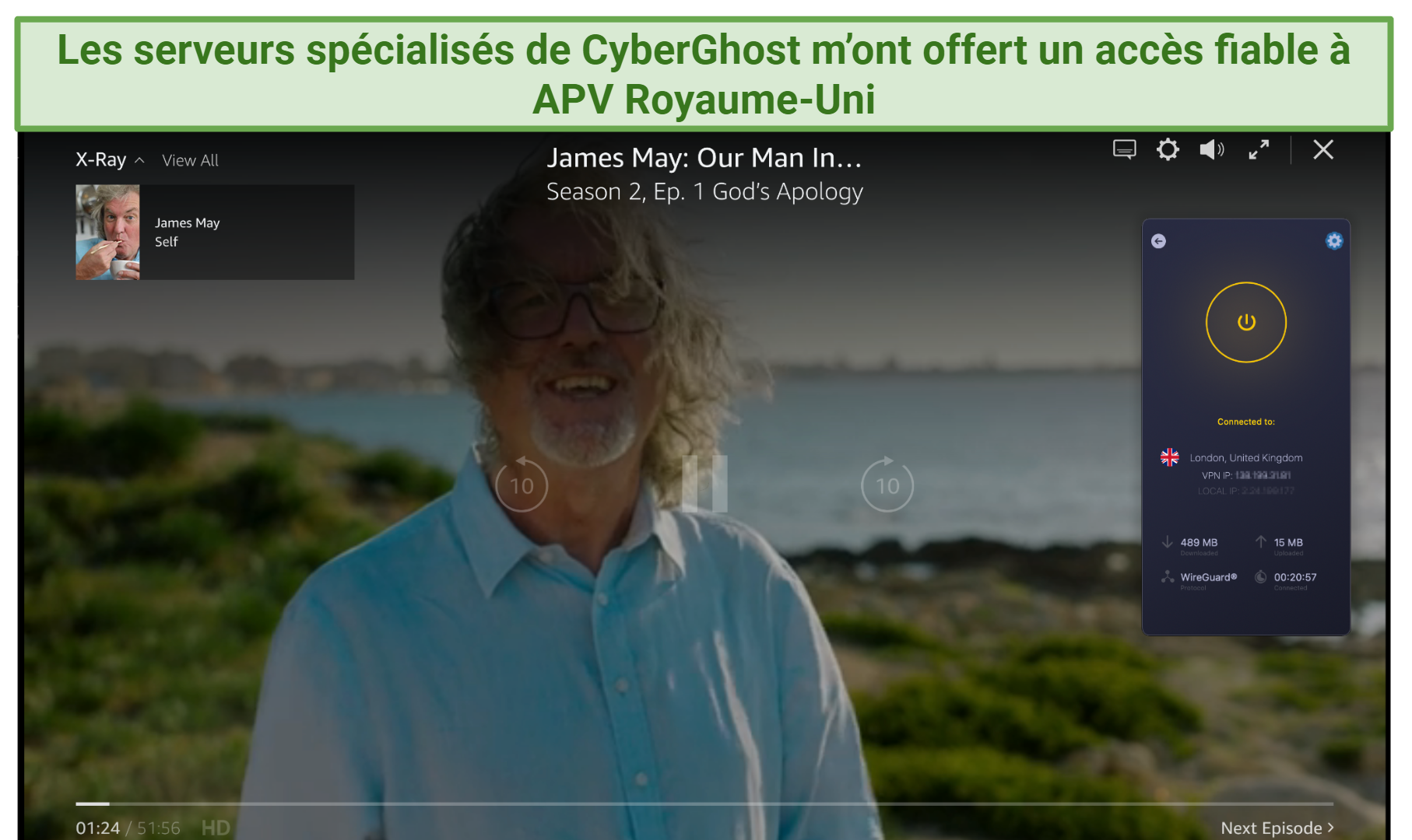 Screenshot of the CyberGhost's app connected to the UK - Optimized for Prime Video server over a browser streaming on APV UK