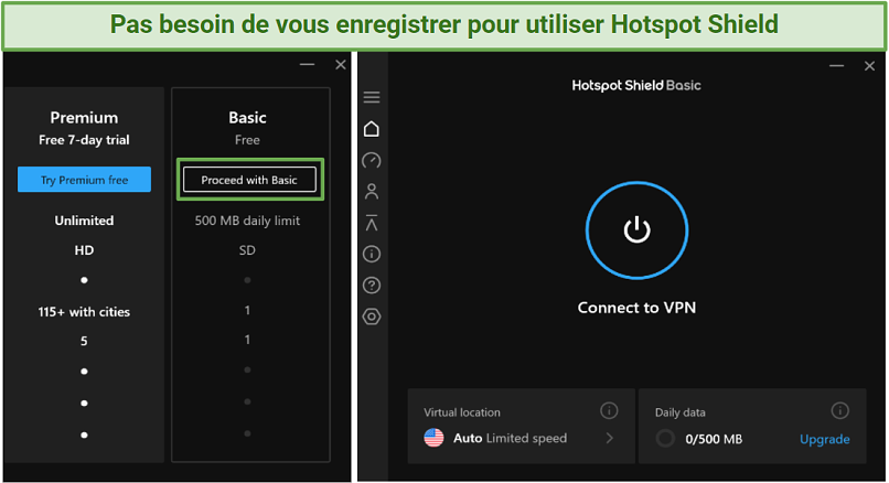 Screenshot of Hotspot Shield app screens where you choose a subscription plan and the app fully installed
