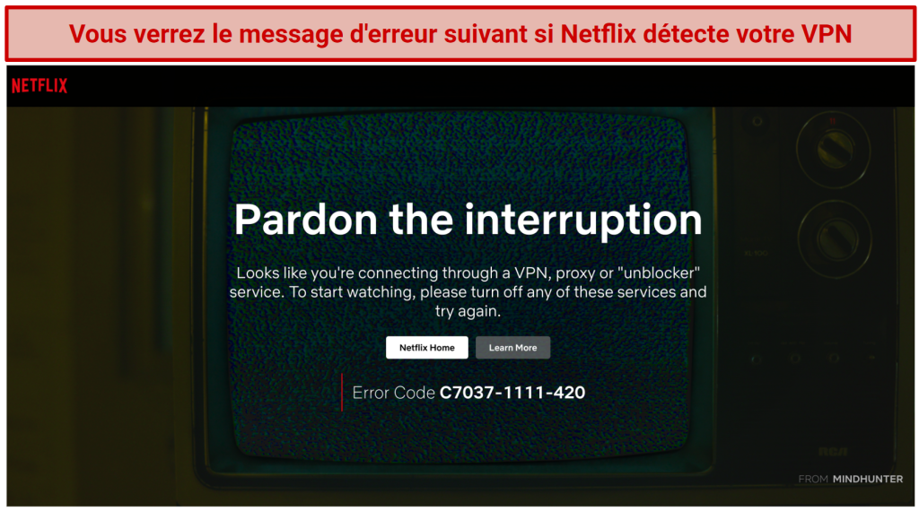 Screenshot of Netflix's VPN, proxy or unblocker error message C7037-1111-420
