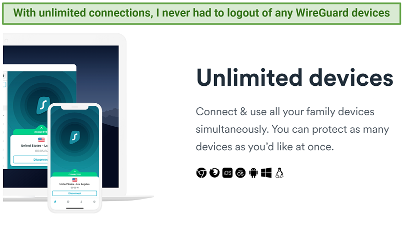 Capture d’écran du site de Surfshark montrant des connexions d’appareils illimitées