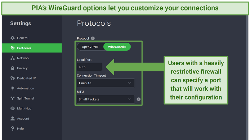Capture d’écran montrant les options personnalisables de WireGuard dans les paramètres de l’application PIA